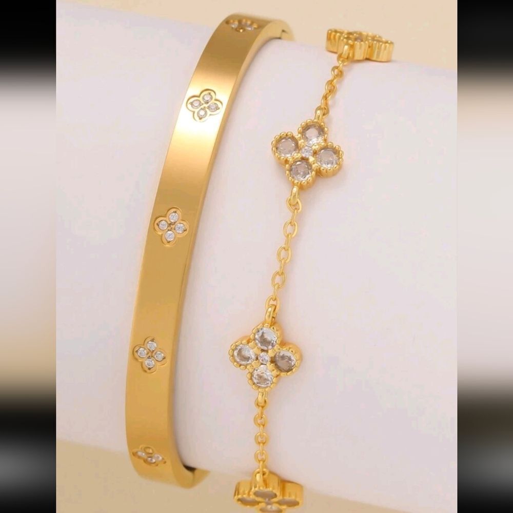 18K Gold Plated Diamond Bangle With Matching Gold Diamond Bracelet